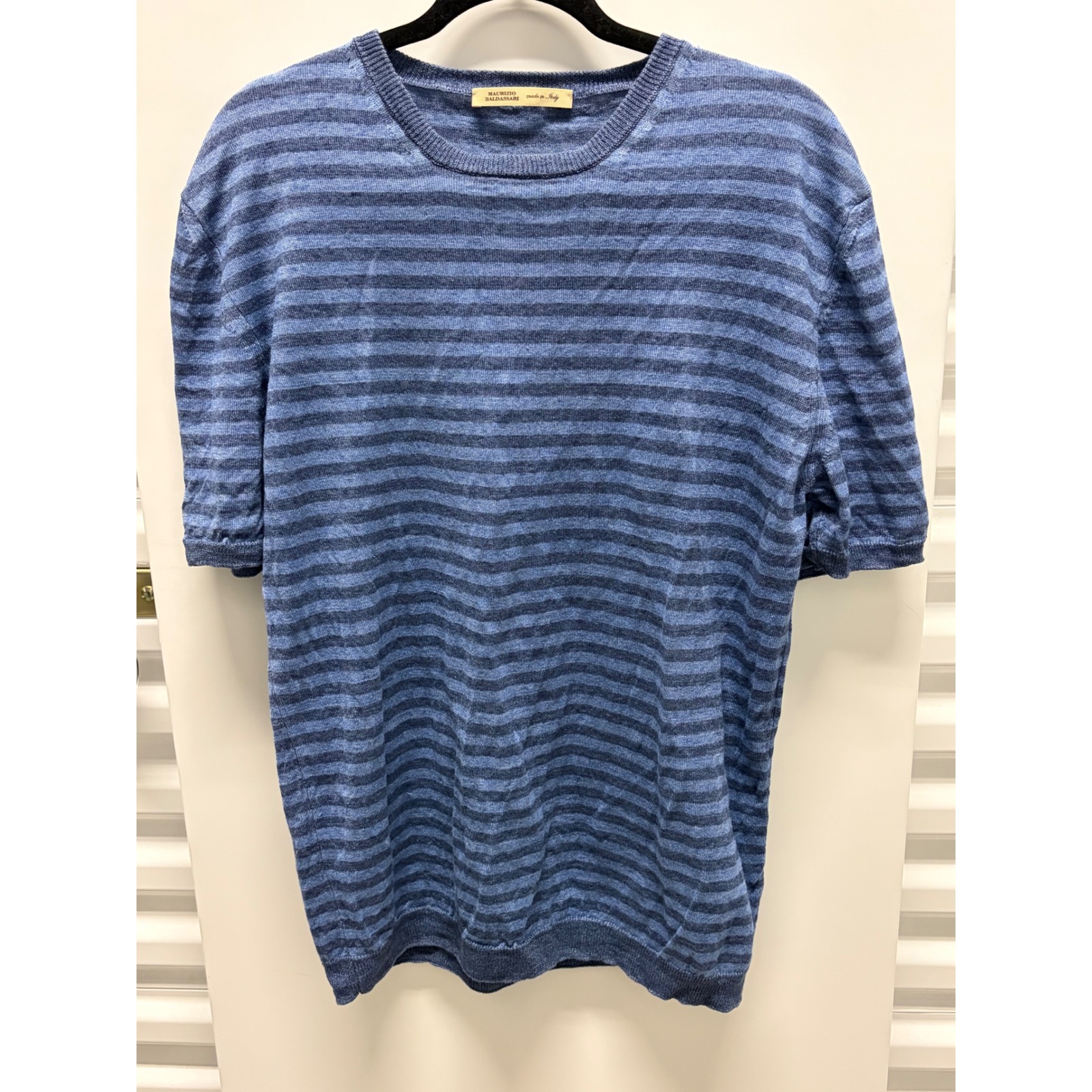 Maurizio Baldassari Knit Sweater Mens Xl Blue Striped Short Sleeve Made In Italy